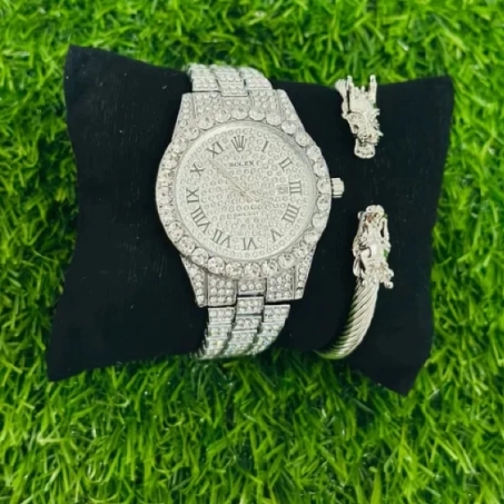 Rolex Iced Out Silver With Dragon Bracelet
